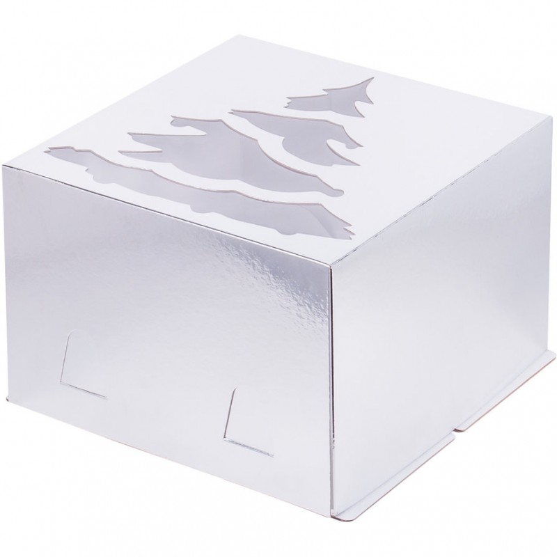 Короб картонный 300х300х190 серебро с окном "Елка"